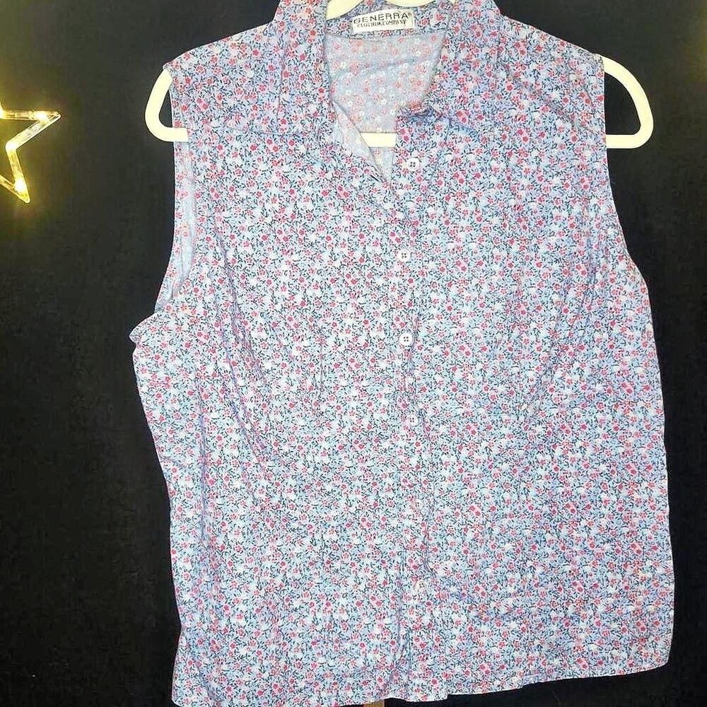 Generra Clothing Co. Blue Floral Sleeveless Button Up Blouse Cottagecore Vintage